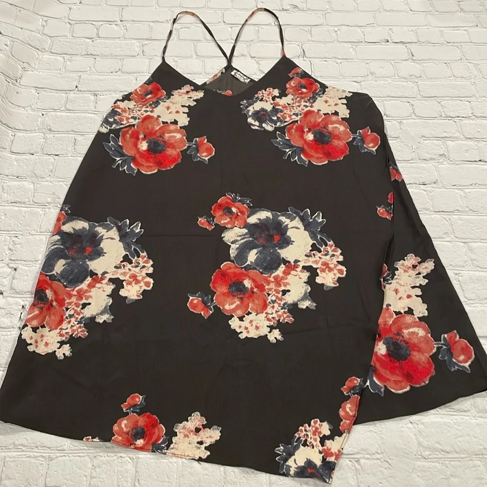 Free People Black Floral Slip Dress with Red & Cream Blooms